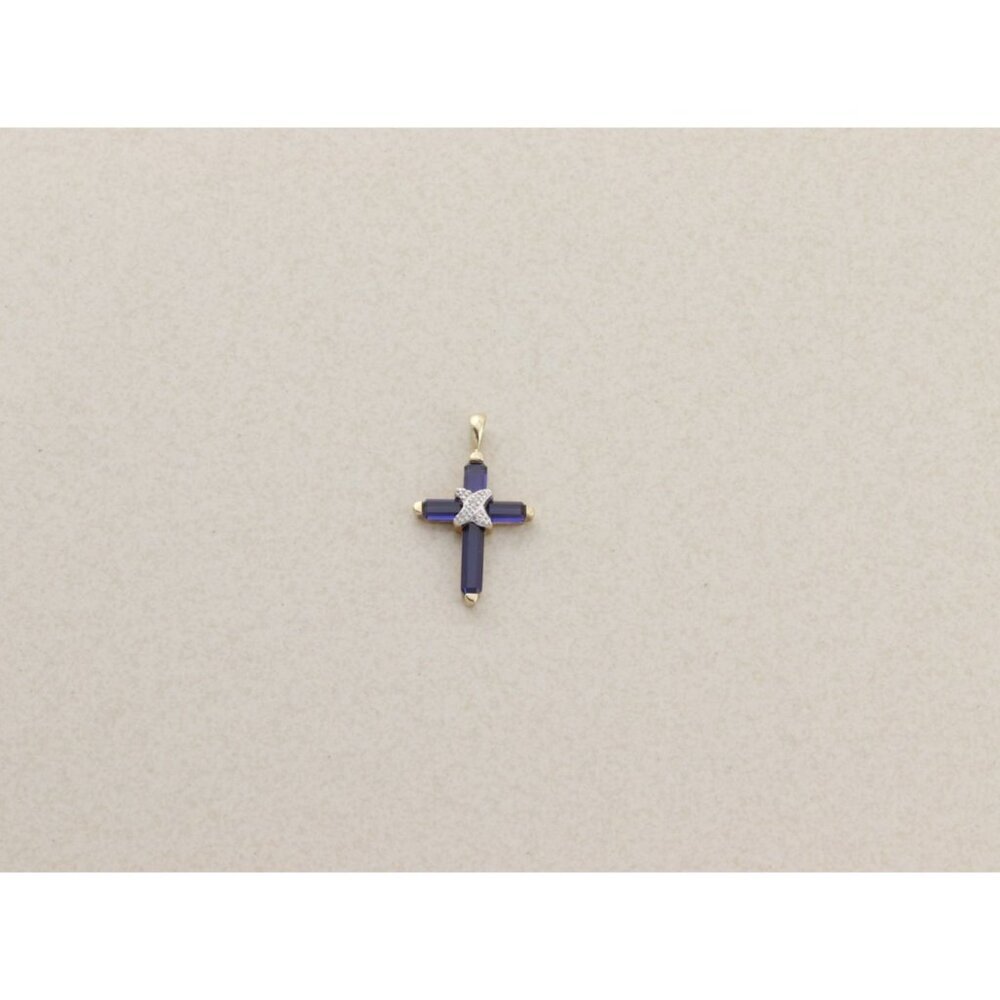 Pendant Only 10k Yellow Gold Lab Created Blue Sapphire and Diamond Cross Pendant - Picture 6 of 7